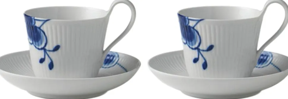 Blå Mega Riflet 25 cl. højhankskop med underkop 2-pak