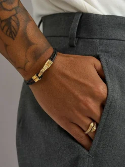 Black Leather Bracelet with Gold Clasp