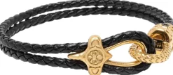 Black Leather Bracelet with Gold Rope Clasp