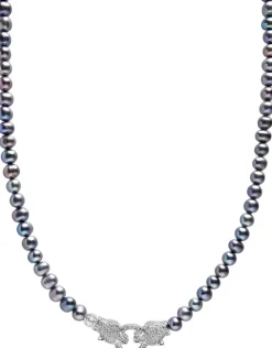 Black Pearl Choker with Double Panther Head in Silver