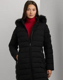 Faux-Fur-Trim Quilted Hooded Coat