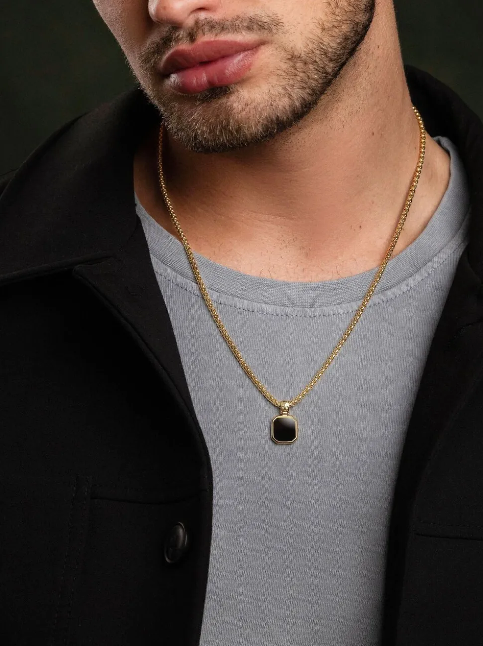 Gold Necklace with Square Onyx Pendant