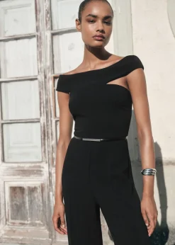 Long jumpsuit with asymmetrical nec