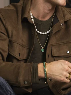 Men's Beaded Bracelet with Malachite and Gold Plating