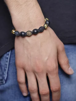 Men's Beaded Bracelet with Matte Onyx and Black/Gold CZ Diamonds
