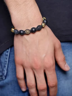 Men's Beaded Bracelet with Matte Onyx and Black/Gold CZ Diamonds