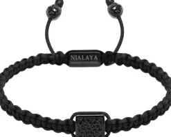 Men's Black String Bracelet with Black CZ Flatbead