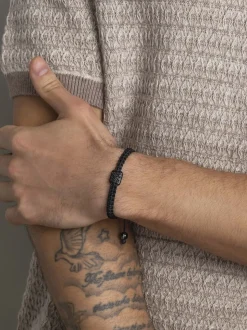 Men's Black String Bracelet with Black CZ Flatbead