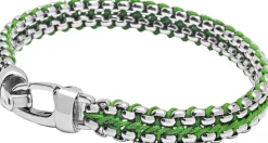 Men's Green Woven 8mm Box Chain Bracelet in Silver