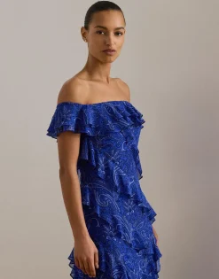 Print Ruffle-Trim Off-the-Shoulder Gown