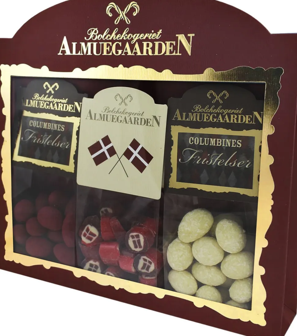 Tillykke-Gaveæske med flag bolcher, hindbær choko-mandeler og sne chok